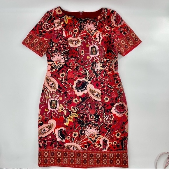 Talbots red paisley print ponte lined sheath dress 10P - Picture 2 of 8